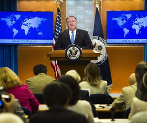 Secretary of State Mike Pompeo announces the creation of the Iran Action Group at the State Department, in Washington, Thursday, Aug. 16, 2018. Secretary of State Mike Pompeo announces the creation of the Iran Action Group at the State Department, in Washington, Thursday, Aug. 16, 2018.