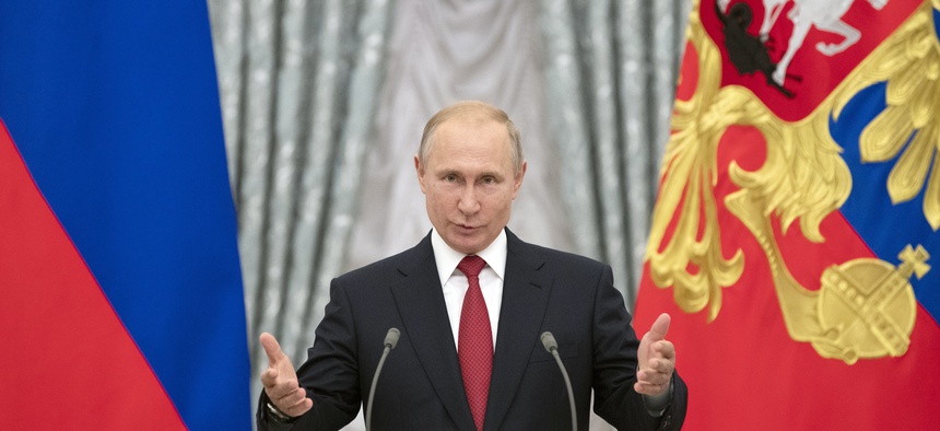 Russian President Vladimir Putin speaks during the State Prize awards ceremony in Kremlin in Moscow, Russia, Saturday, July 28, 2018.