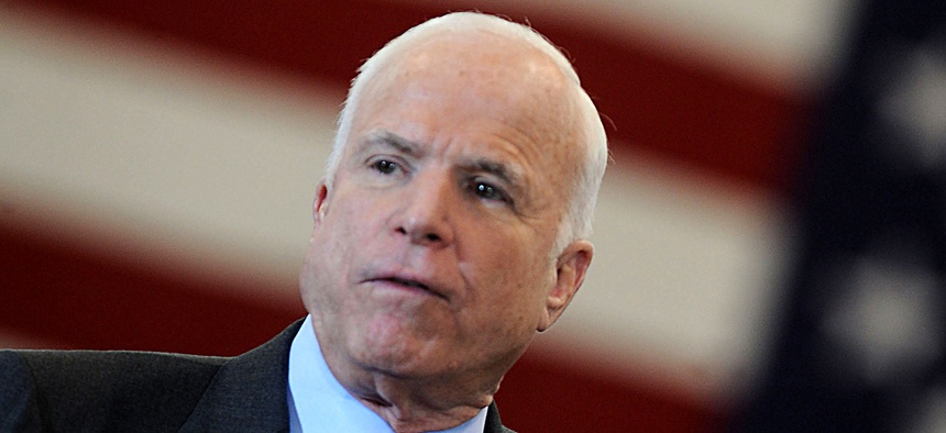 Republican presidential candidate U.S. Sen. John McCain (R-AZ) during a campaign appearance at Sacred Heart University February 3, 2008 in Fairfield, Connecticut.
