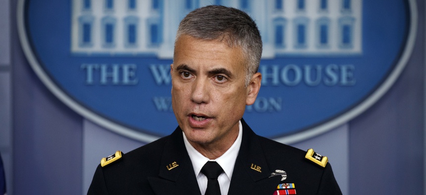 National Security Agency Director Gen. Paul Nakasone speaks during the daily press briefing at the White House, Thursday, Aug. 2, 2018, in Washington.