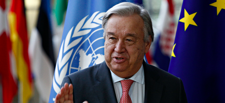 U.N. Secretary-General Antonio Guterres arrives for a meeting at the EU Council in Brussels, Belgium, May 15, 2018.