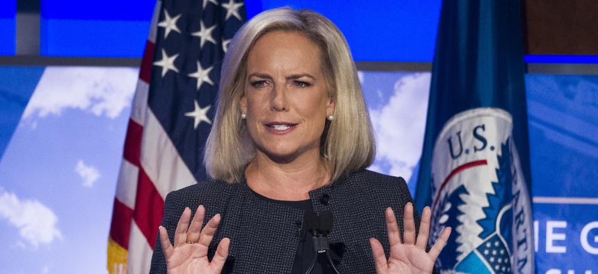 Secretary of Homeland Security Kirstjen Nielsen speaks to George Washington University's Center for Cyber and Homeland Security, in Washington, Wednesday, Sept. 5, 2018.