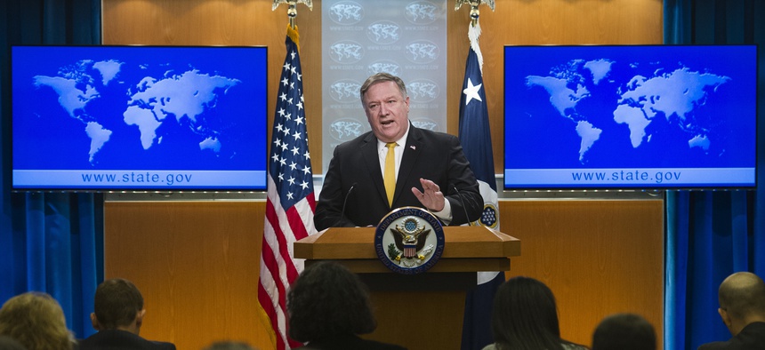 Secretary of State Mike Pompeo briefs reporters at the State Department in Washington, Wednesday, Oct. 3, 2018.