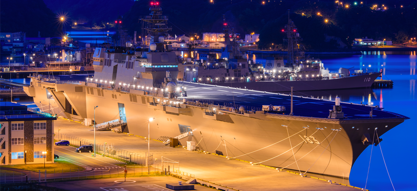 Japan's Izumo helicopter carrier, pierside at Yokosuka naval port in Toyko, Japan, in May 2015.