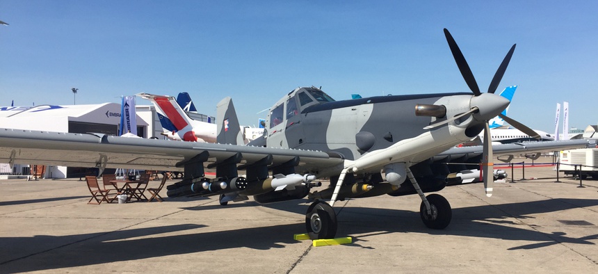 An L3 Longsword attack plane at the 2017 Paris Air Show. L3 Technologies and Harris announced on Oct. 14 that they plan to merge by mid-2019.