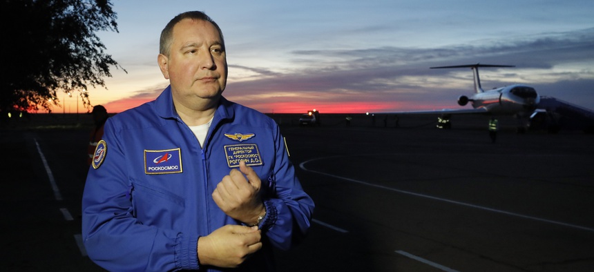 Director General of the Russia state corporation Roscosmos Dmitry Rogozin walks in Baikonur airport after a rescue operation for NASA astronaut Nick Hague and Russian cosmonaut Alexey Ovchinin after an emergency landing, in Kazakhstan, Oct. 11, 2018.