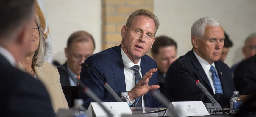 Deputy Defense Secretary Patrick Shanahan speaking at an Oct. 23 meeting of the National Space Council.