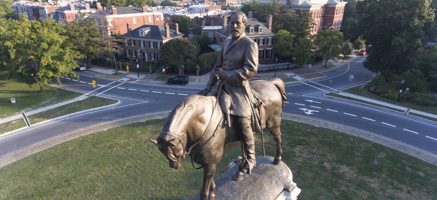 This Tuesday, Aug. 22, 2017, photo shows a view of the statue of Confederate General Robert E. Lee on Monument Avenue in Richmond, Va.
