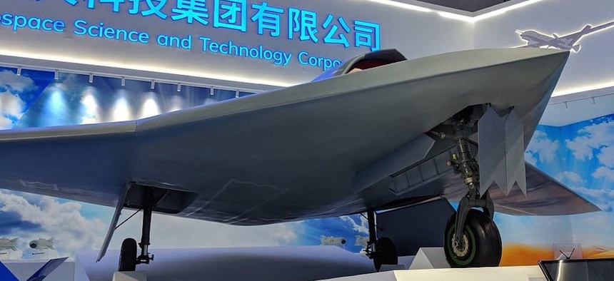 A mockup of the Chinese CH-7 combat drone on display at the Zhuhai airshow this week.