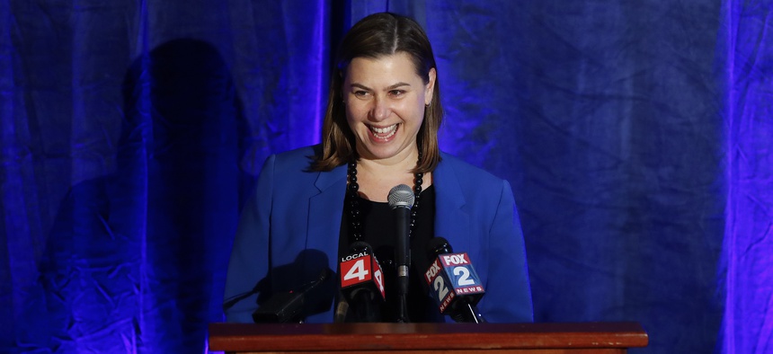 Elissa Slotkin, Democratic candidate for Michigan's 8th Congressional District, speaks at an election night watch party in Clarkston, Mich., Wednesday, Nov. 7, 2018.