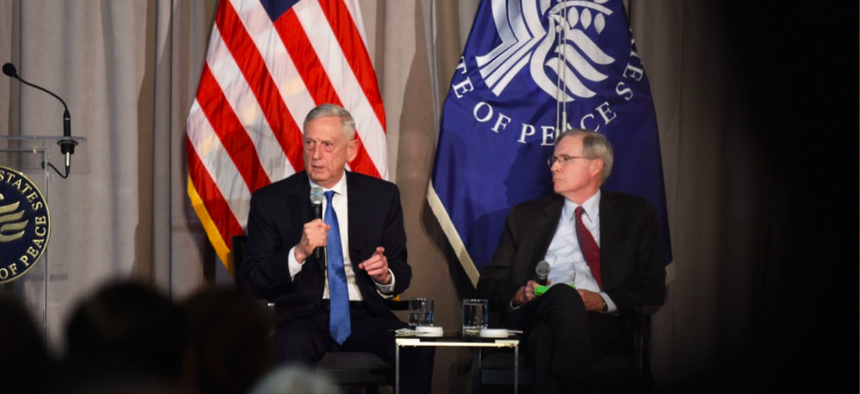 U.S. Secretary of Defense James N. Mattis speaks at the United States Institute of Peace, in a discussion moderated by the chair of the institute’s board of directors, Stephen J. Hadley, Washington, D.C., Oct. 30, 2018.