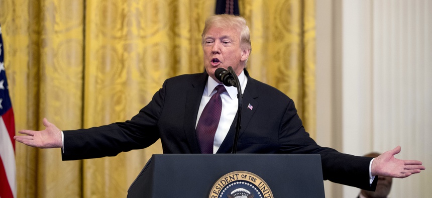 President Donald Trump speaks during a Medal of Freedom ceremony in the East Room of the White House in Washington, Friday, Nov. 16, 2018.