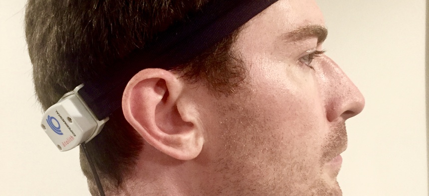 Inventor Sam Owen shows of the OtoTech, a device that prevents motion sickness by sending subtle vibrations through the inner ear to the brain.