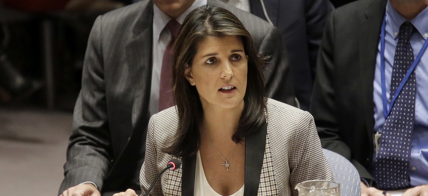 United States Ambassador to the United Nations Nikki Haley speaks during a security council meeting about the escalating tensions between the Ukraine and Russia at United Nations headquarters, Monday, Nov. 26, 2018.