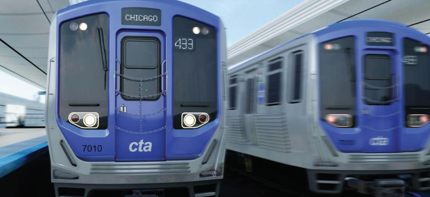 An artist's rendering of the exterior of the CSR Sifang America 7000 Series rail cars.