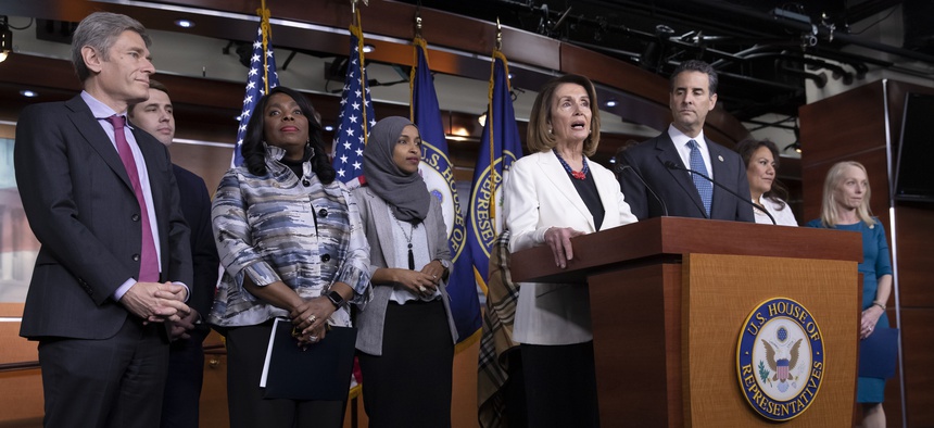 House Minority Leader Nancy Pelosi, D-Calif., is joined by fellow Democrats at a news conference to discuss their priorities when they assume the majority in the 116th Congress in January, at the Capitol in Washington, Friday, Nov. 30, 2018.