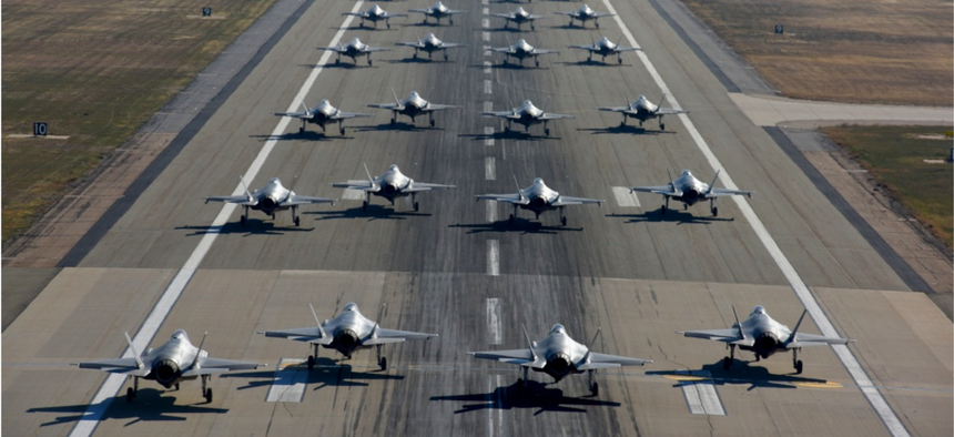 Pilots from the 388th and 419th Fighter Wings taxi F-35As on the runway in preparation for a combat power exercise Nov. 19, 2018, at Hill Air Force Base, Utah.