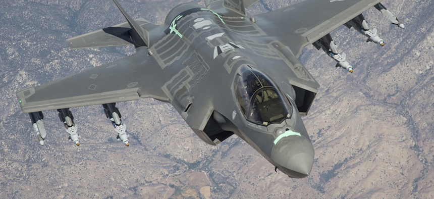 An F-35 Lightning II from the 461st Flight Test Squadron at Edwards Air Force Base, California, soars over the Mojave Desert on a test sortie.