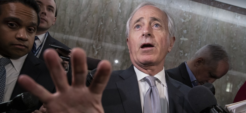 Senate Foreign Relations Committee Chairman Bob Corker, R-Tenn., tells reporters that senators are considering multiple pieces of legislation in an effort to formally rebuke Saudi Arabia for the slaying of journalist Jamal Khashoggi, on Capitol Hill.