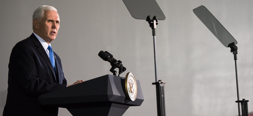 Vice President Mike Pence speaks at Kennedy Space Center on Feb. 21, 2018.