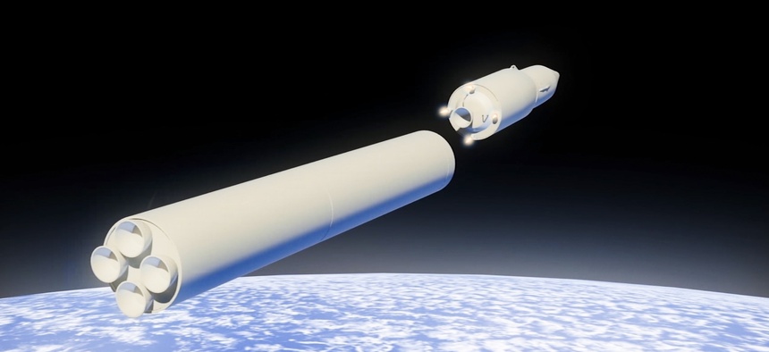 In this video grab file photo provided by RU-RTR Russian television via AP television on Thursday, March 1, 2018, a computer simulation shows the Avangard hypersonic vehicle being released from booster rockets.
