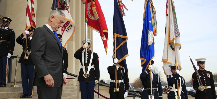 Defense Secretary Jim Mattis walks down the steps of the Pentagon, Wednesday, Dec. 19, 2018.