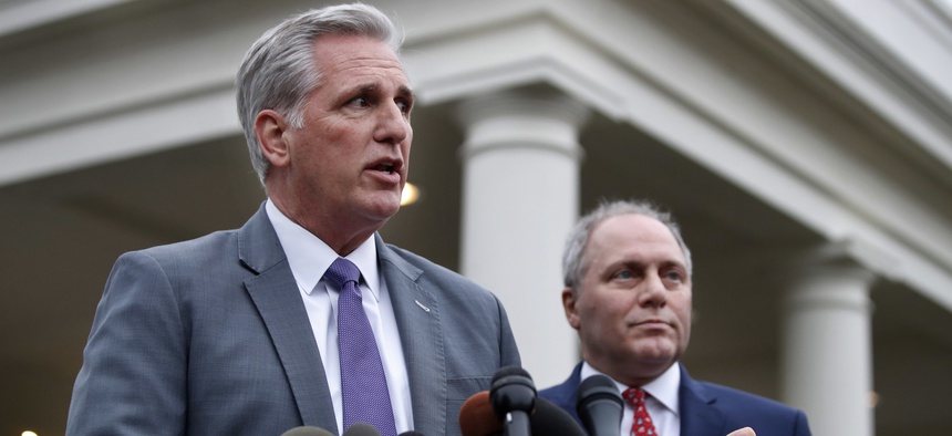 House Majority Leader Kevin McCarthy, R-Calif., left, and House Majority Whip Steve Scalise, R-La., speak to the media after a meeting with President Donald Trump on border security Wednesday, Jan. 2, 2019, in Washington.