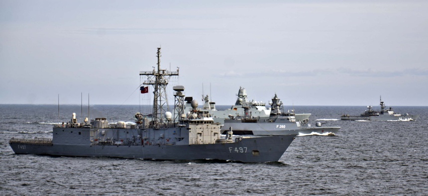 Allied and partner nation ships participate in close-quarters ship maneuvering drills during exercise Baltic Operations (BALTOPS) 2015.