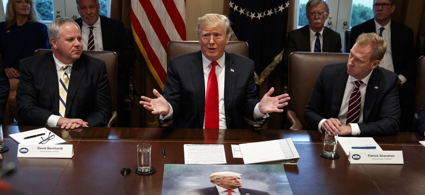 President Donald Trump speaks during a cabinet meeting at the White House, Wednesday, Jan. 2, 2019, with acting Defense Secretary Patrick Shanahan, right.