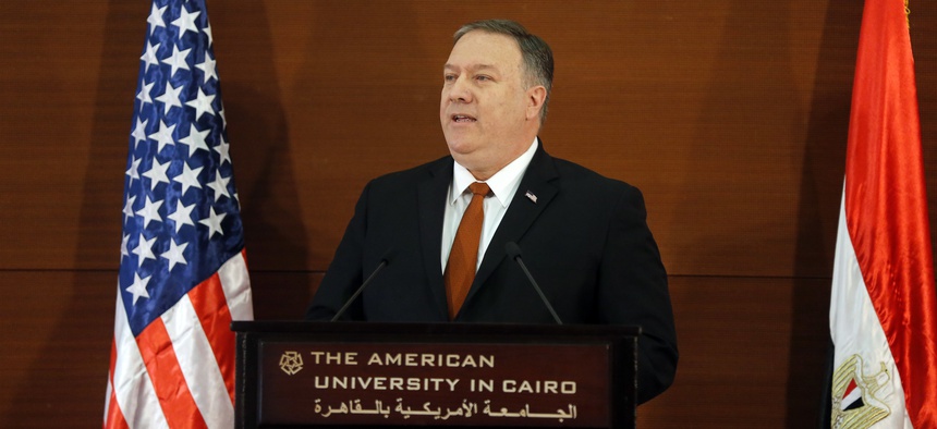 U.S. Secretary of State Mike Pompeo, gives a speech at the American University in Cairo, Egypt, Thursday, Jan. 10, 2019.