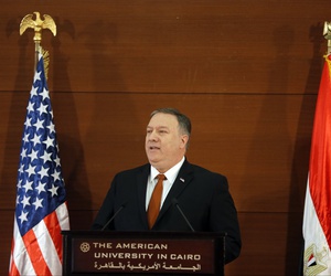 U.S. Secretary of State Mike Pompeo, gives a speech at the American University in Cairo, Egypt, Thursday, Jan. 10, 2019. U.S. Secretary of State Mike Pompeo, gives a speech at the American University in Cairo, Egypt, Thursday, Jan. 10, 2019.