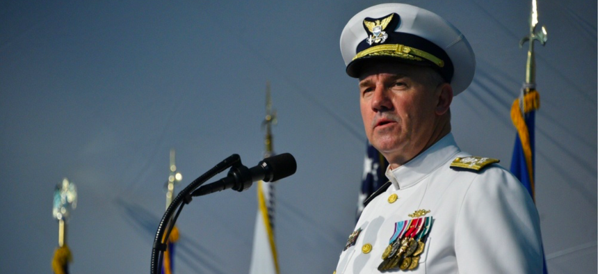 Adm. Karl Schultz speaks during a change of command ceremony at Coast Guard Headquarters in Washington, D.C., June 1, 2018.