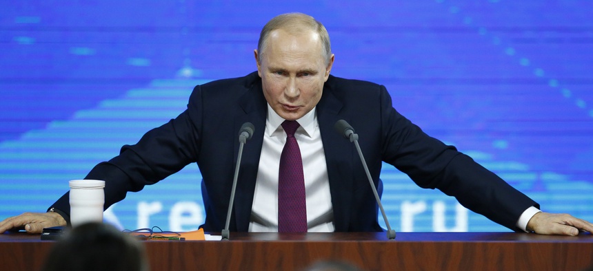 Russian President Vladimir speaks during his annual news conference in Moscow, Russia, Thursday, Dec. 20, 2018.