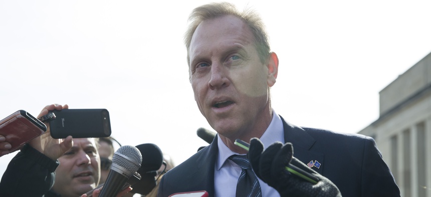 Acting Defense Secretary Patrick Shanahan speaks with the media as he waits for the arrival of NATO Secretary General Jens Stoltenberg at the Pentagon, Monday, Jan. 28, 2019, in Washington.
