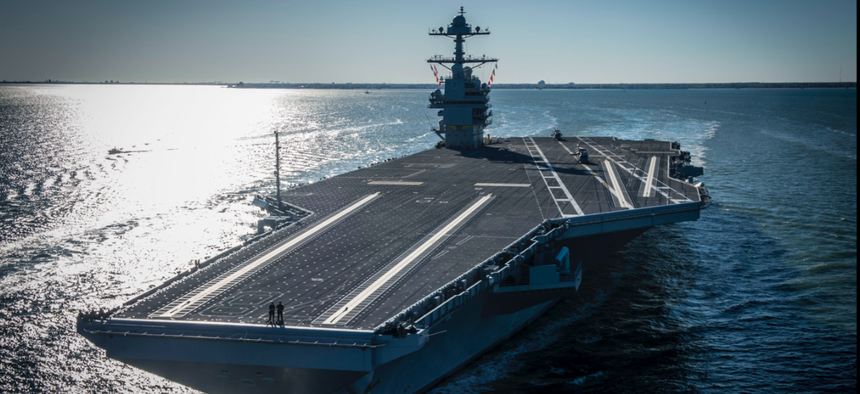 The future USS Gerald R. Ford (CVN 78) underway on its own power for the first time.