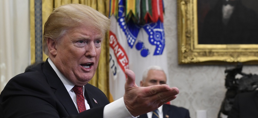 President Donald Trump speaks during a meeting with Chinese Vice Premier Liu He in the Oval Office of the White House in Washington, Thursday, Jan. 31, 2019.