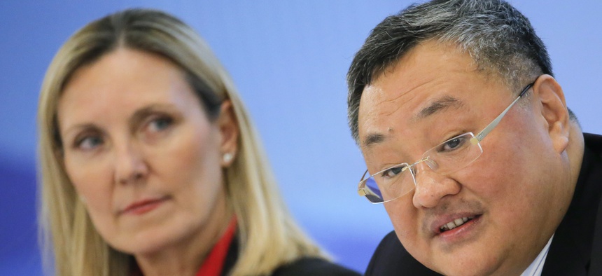 U.S. Under Secretary of State Andrea Thompson, left, and Director General of the Department of Arms Control and Disarmament of the Chinese Foreign Ministry Fu Cong attend a panel discussion after a Treaty on the Non-Proliferation of Nuclear Weapons (NPT)