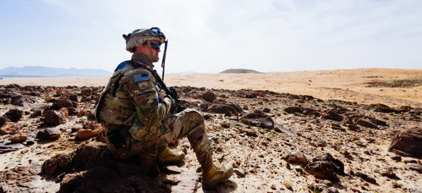 A U.S. soldier surveys a training ground near Kandahar, Afghanistan, March 14, 2017.