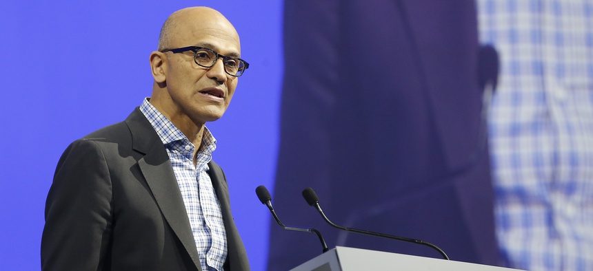 Microsoft CEO Satya Nadella speaks during the opening of the VivaTech gadget show in Paris, Thursday, May 24, 2018.