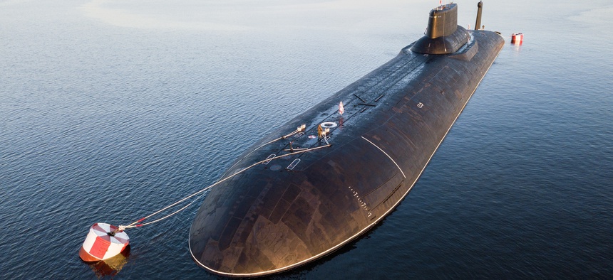 In this Saturday, July 29, 2017 file photo, the Russian nuclear submarine Dmitry Donskoy moored near Kronstadt, a seaport town 30 km (19 miles) west of St. Petersburg, Russia.