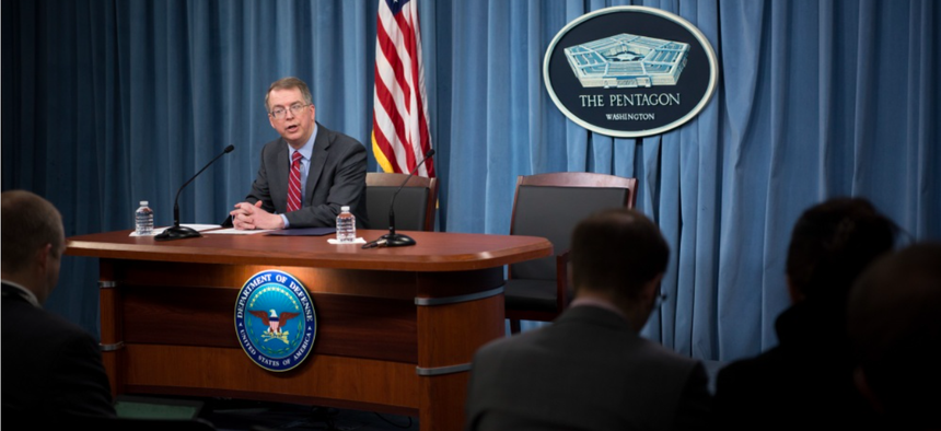 Mr. David L. Norquist, performing the duties of the U.S. deputy secretary of defense, speaks about the fiscal year 2020 defense budget during a press briefing at the Pentagon in Washington, D.C., March 12, 2019.