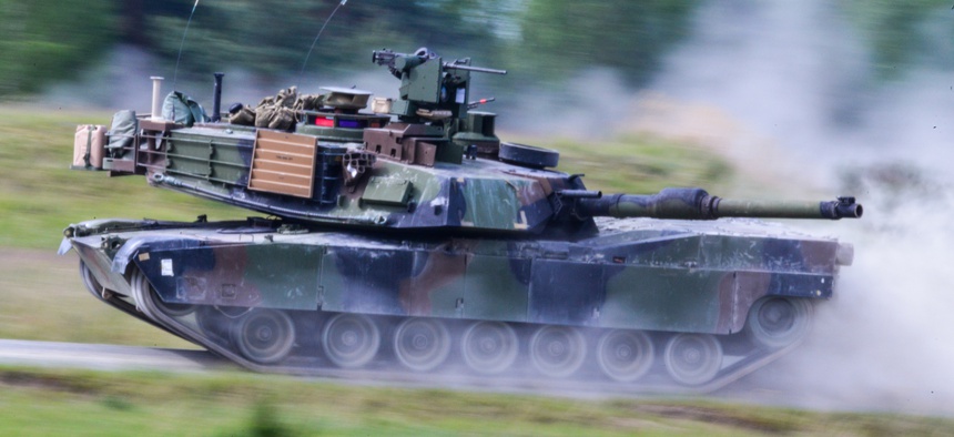 A 2016 photo of a 3rd Infantry Division tank at the 7th Army Joint Multinational Training Command's Grafenwoehr Training Area, Grafenwoehr, Germany.
