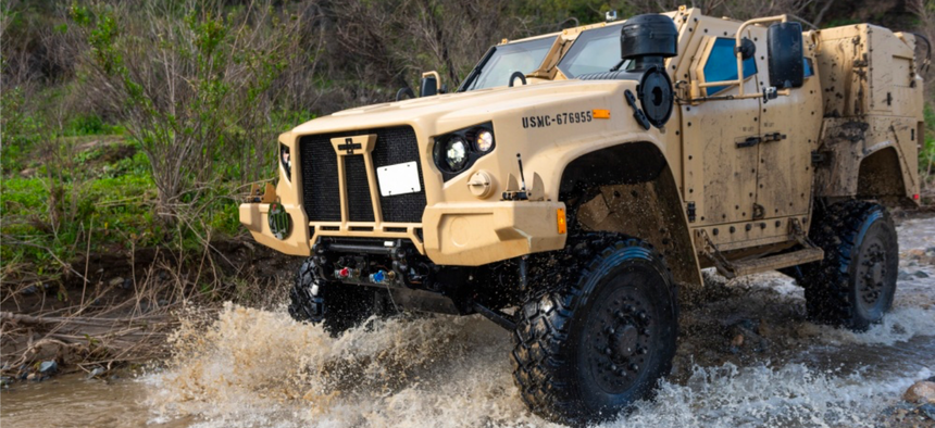 A Joint Light Tactical Vehicle displays its overall capabilities during a live demonstration at the School of Infantry West, Marine Corps Base Camp Pendleton, California, Feb. 27, 2019.
