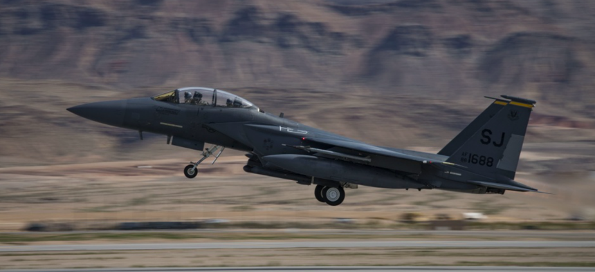An F-15E Strike Eagle fighter jet, a variant of the proposed F-15X, assigned to the 4th Fighter Wing, Seymour Johnson Air Force Base, N.C., takes off to participate in Red Flag 19-2 at Nellis AFB, Nev., March 12, 2019.