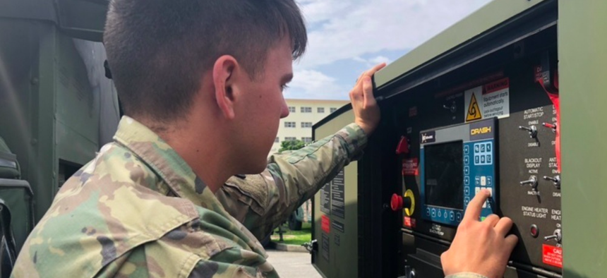 A Soldier with 1st Battalion, 1st Air Defense Artillery, 38th Air Defense Artillery Brigade, performs equipment checks during the unit’s participation in Resilient Shield 19 validating its role as the U.S. missile defense system on Feb. 21, 2019, Okinawa,