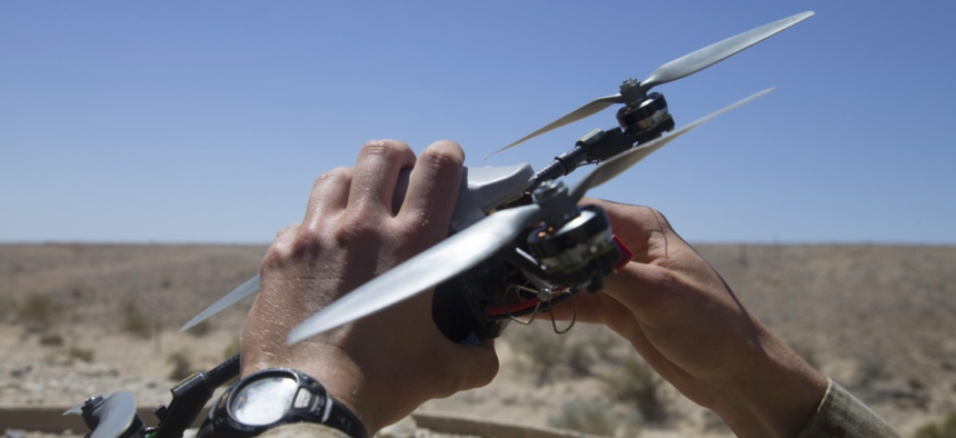 U.S. Marine Corps 2nd Lt. Michael Francica, with Combat Logistics Battalion 8, Combat Logistics Regiment 2, 2nd Marine Logistics Group, pilots an InstantEye quadcopter during an operations check for Marine Corps Warfighting Laboratory, April. 29, 2018.