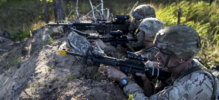 U.S. paratroopers from the 82nd Airborne Division from Fort Bragg in North Carolina take part in 'Saber Strike 2018' a major U.S.-led military exercise with 18,000 soldiers from 19 primarily NATO countries outside of Vilnus, Lithuania, June 9, 2018.