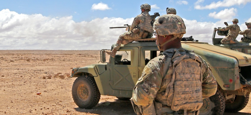Soldiers from the 1st Squadron, 75th Cavalry Regiment, 2nd Brigade Combat Team, 101st Airborne Division, work alongside their Royal Moroccan Armed Forces partners near Tan Tan, Morocco, March 27, 2019, during exercise African Lion 2019.
