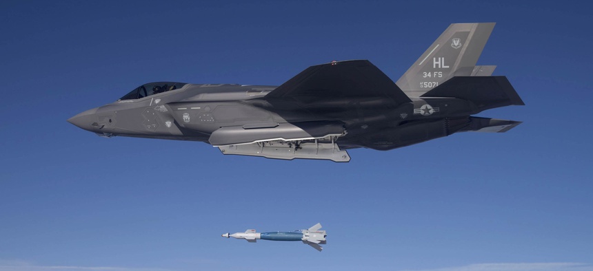 Lt. Col. George Watkins, the 34th Fighter Squadron commander, drops a GBU-12 laser-guided bomb from an F-35A Lightning II at the Utah Test and Training Range Feb. 25, 2016.