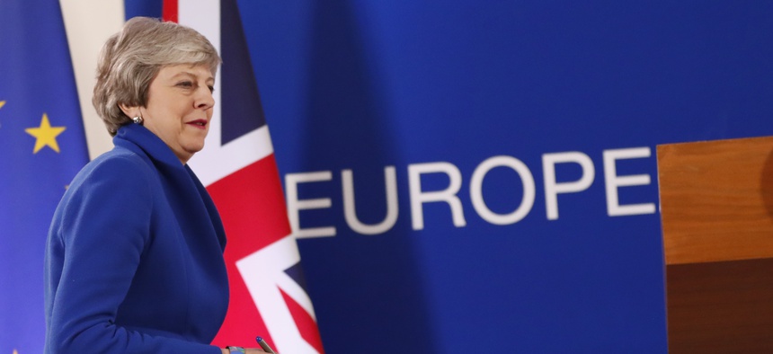 British Prime Minister Theresa May arrives for a media conference at the conclusion of an EU summit in Brussels, Thursday, April 11, 2019.